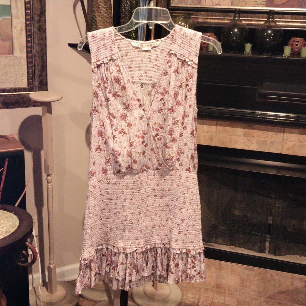 FINAL PRICE Veronica Beard Brown/Lavender Floral, Ribbed, Ruffled Dress Sz Small - Picture 2 of 13